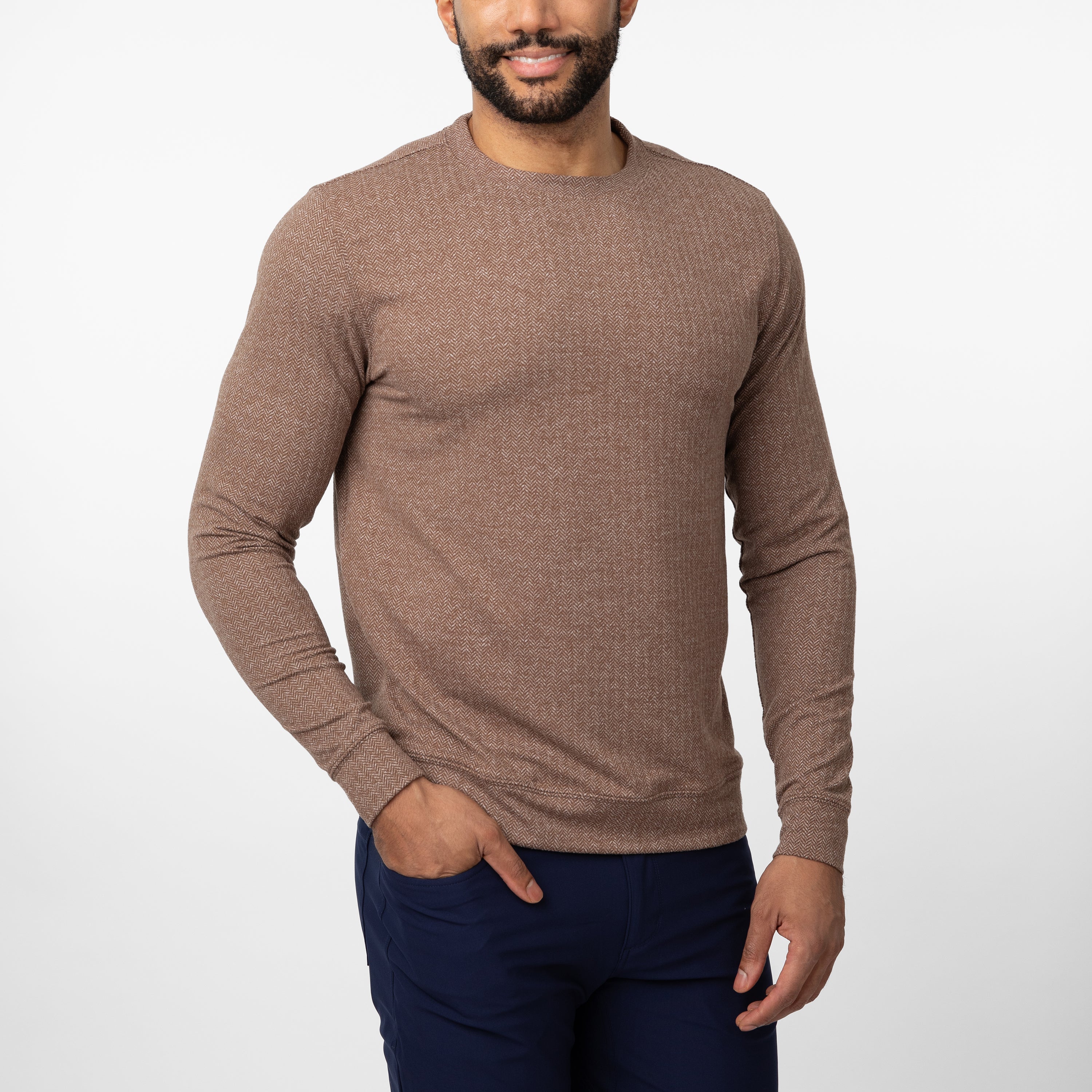 Herringbone Performance Crew | The Herringbone Jacquard - Saddle Brown/White