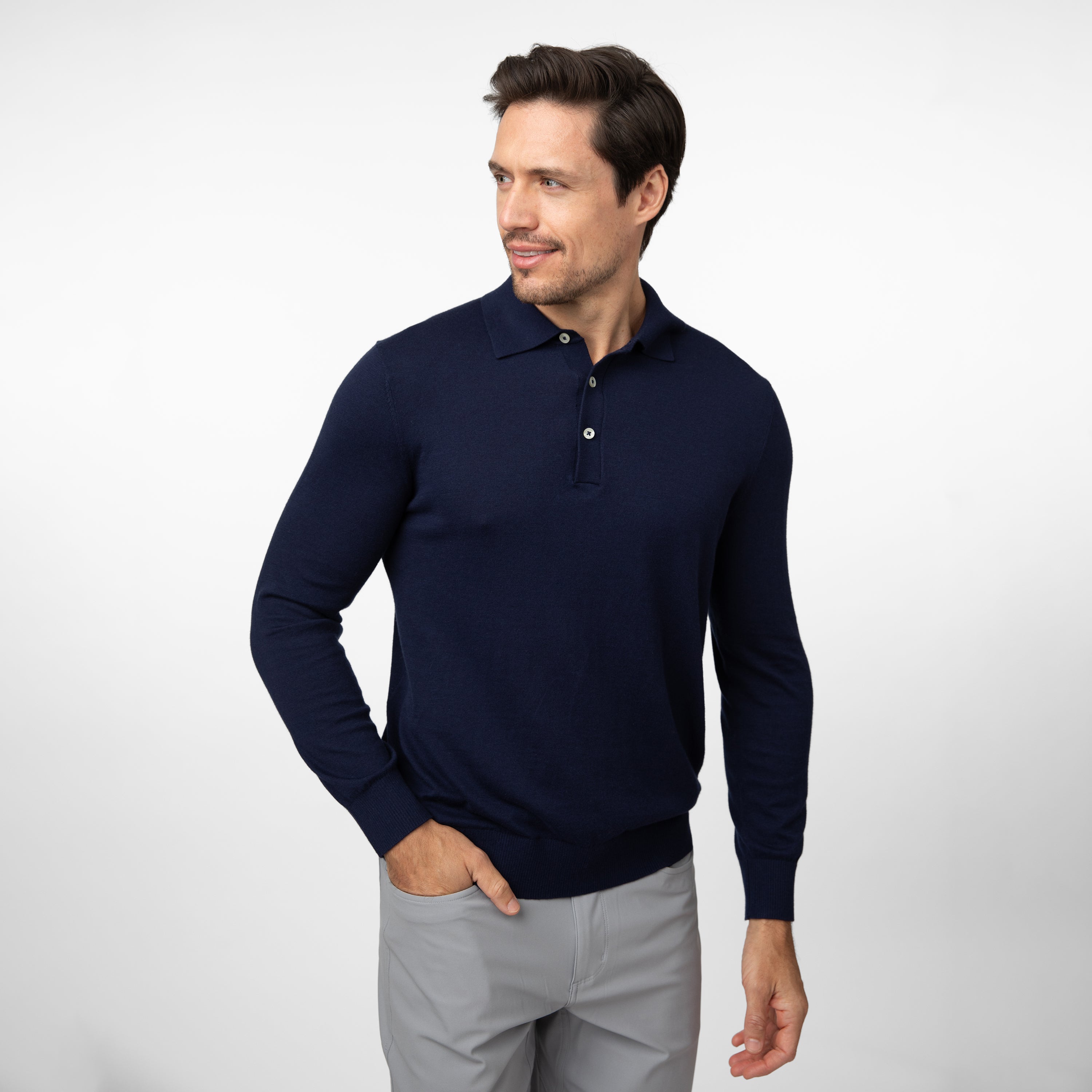Harbor Stretch Long Sleeve Sweater Polo | Solid - Fleet Navy