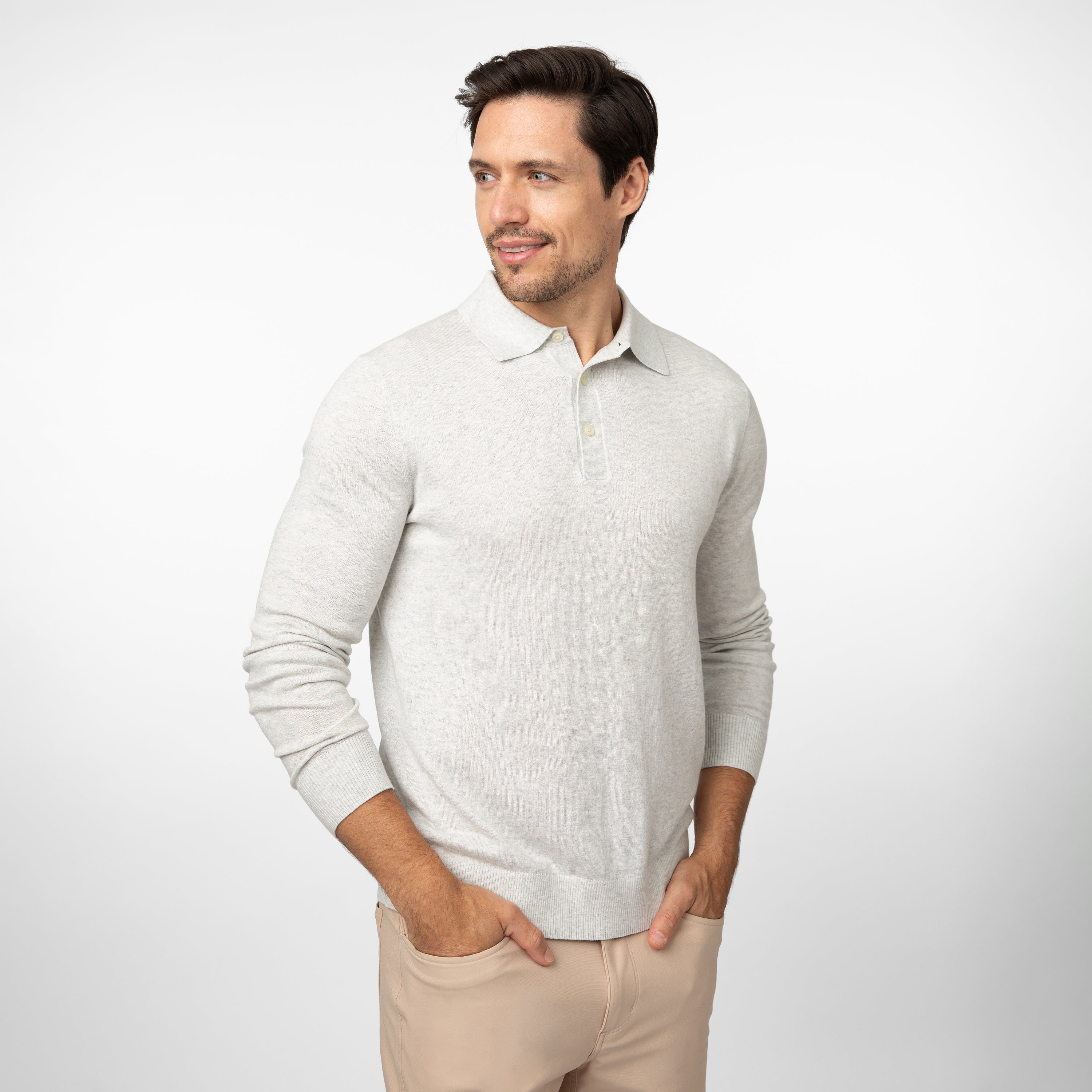 Alternative view of Harbor Stretch Long Sleeve Sweater Polo | Heather - Stainless Steel/White