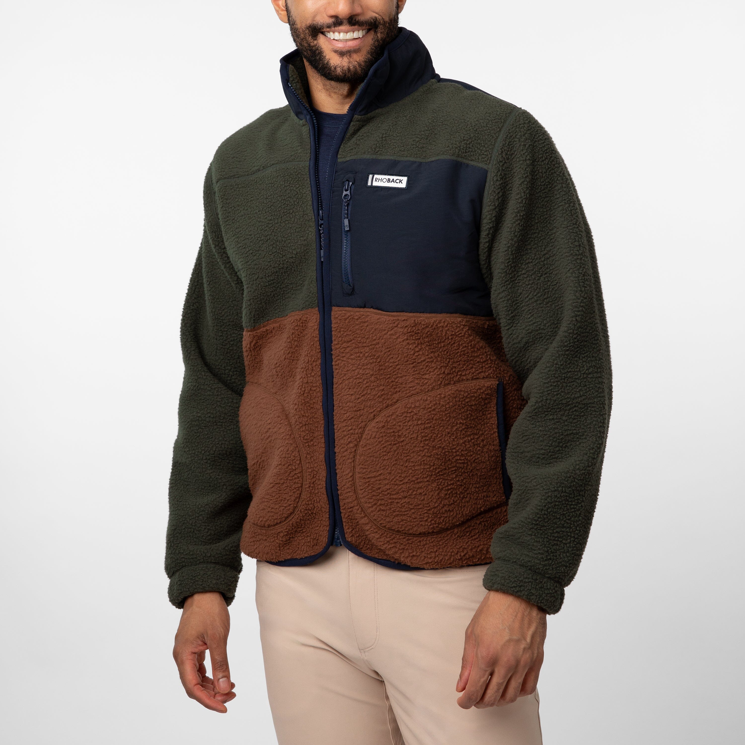 Summit Crest Full-Zip Jacket | Colorblock - Dark Olive/Saddle Brown - Fleet Navy