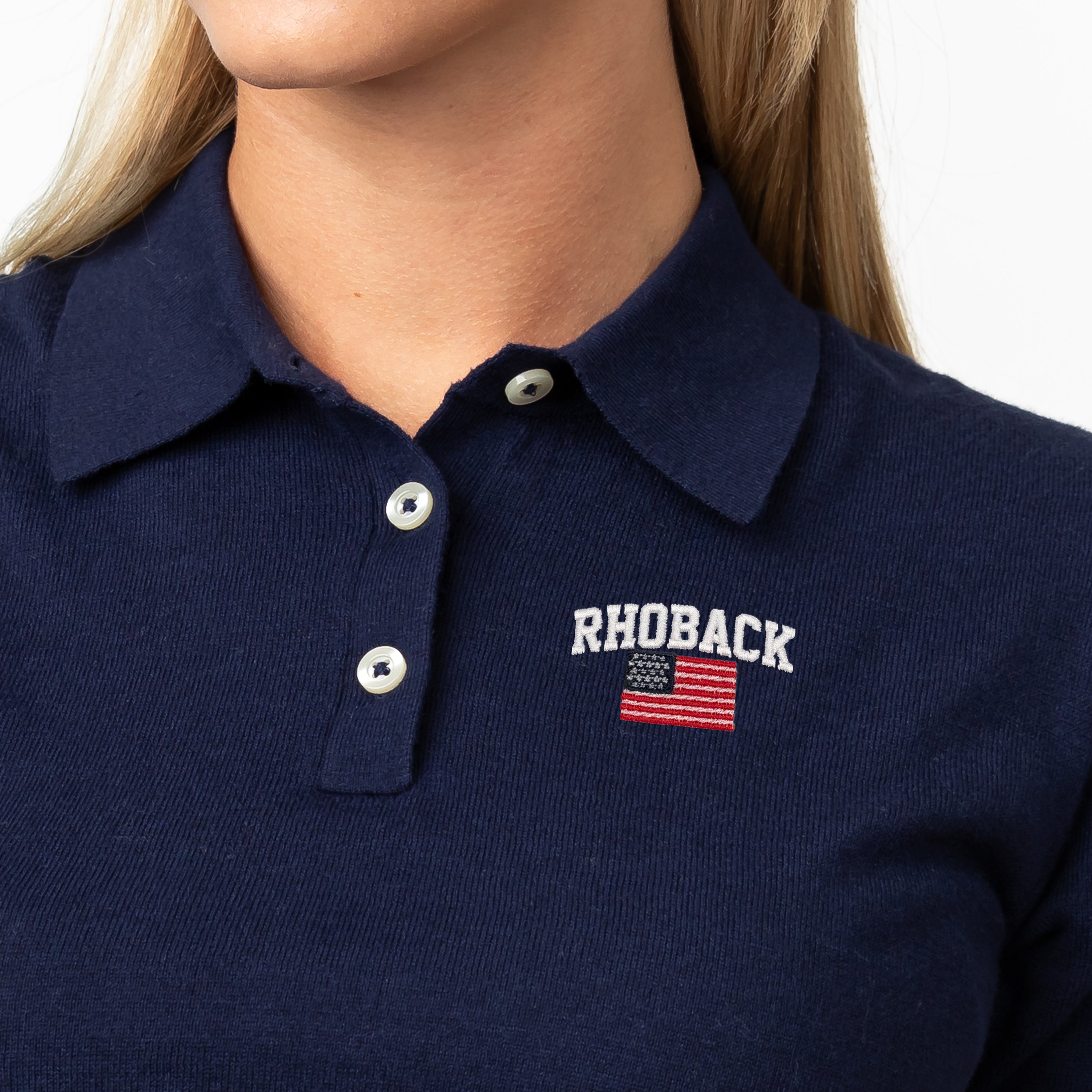 Alternative view of Harbor Sweater Polo | Solid - Fleet Navy - White/Classic Red - RHBCK FLAG 2