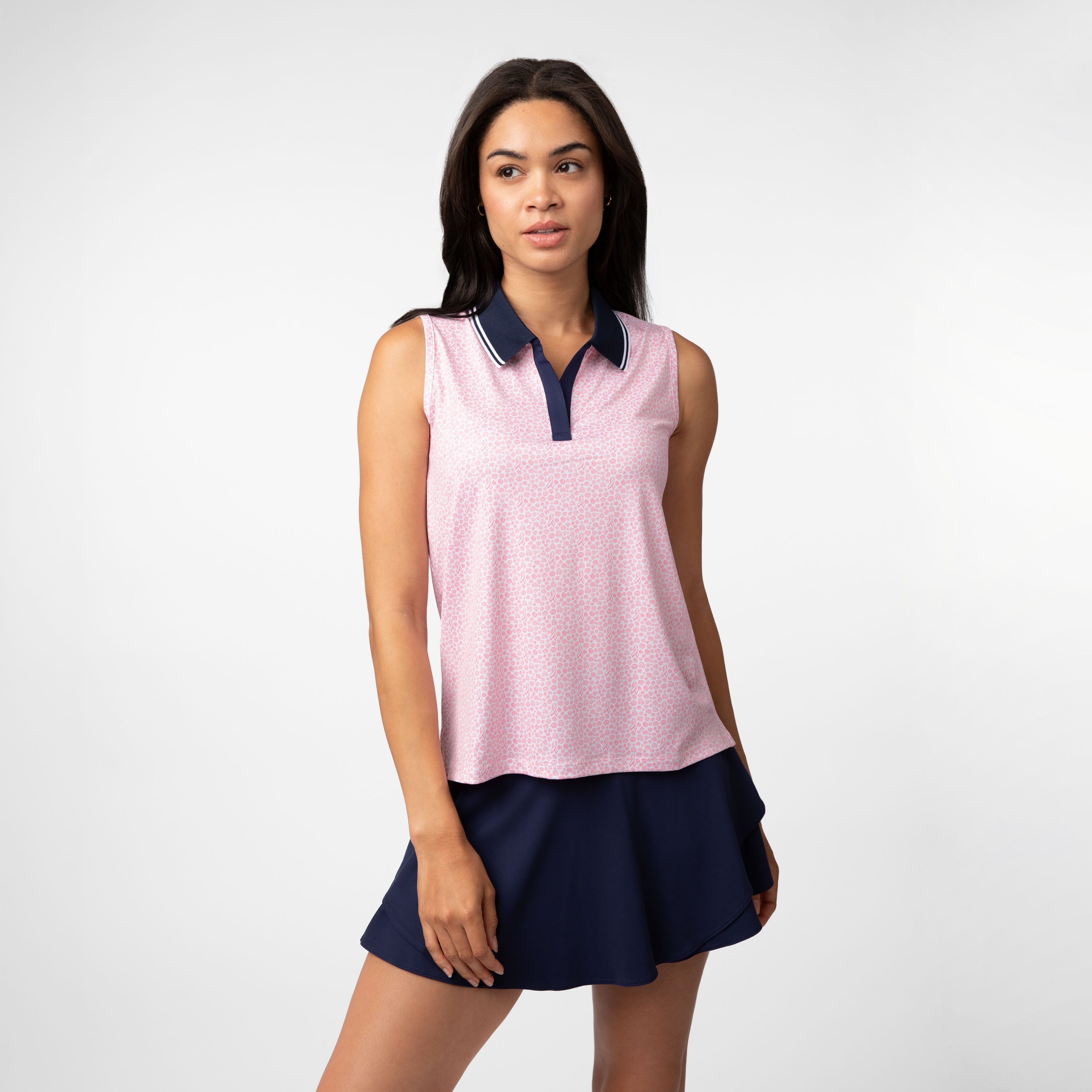Brooke Sleeveless Performance Polo | The Ribbons & Roses - White/Lotus Pink